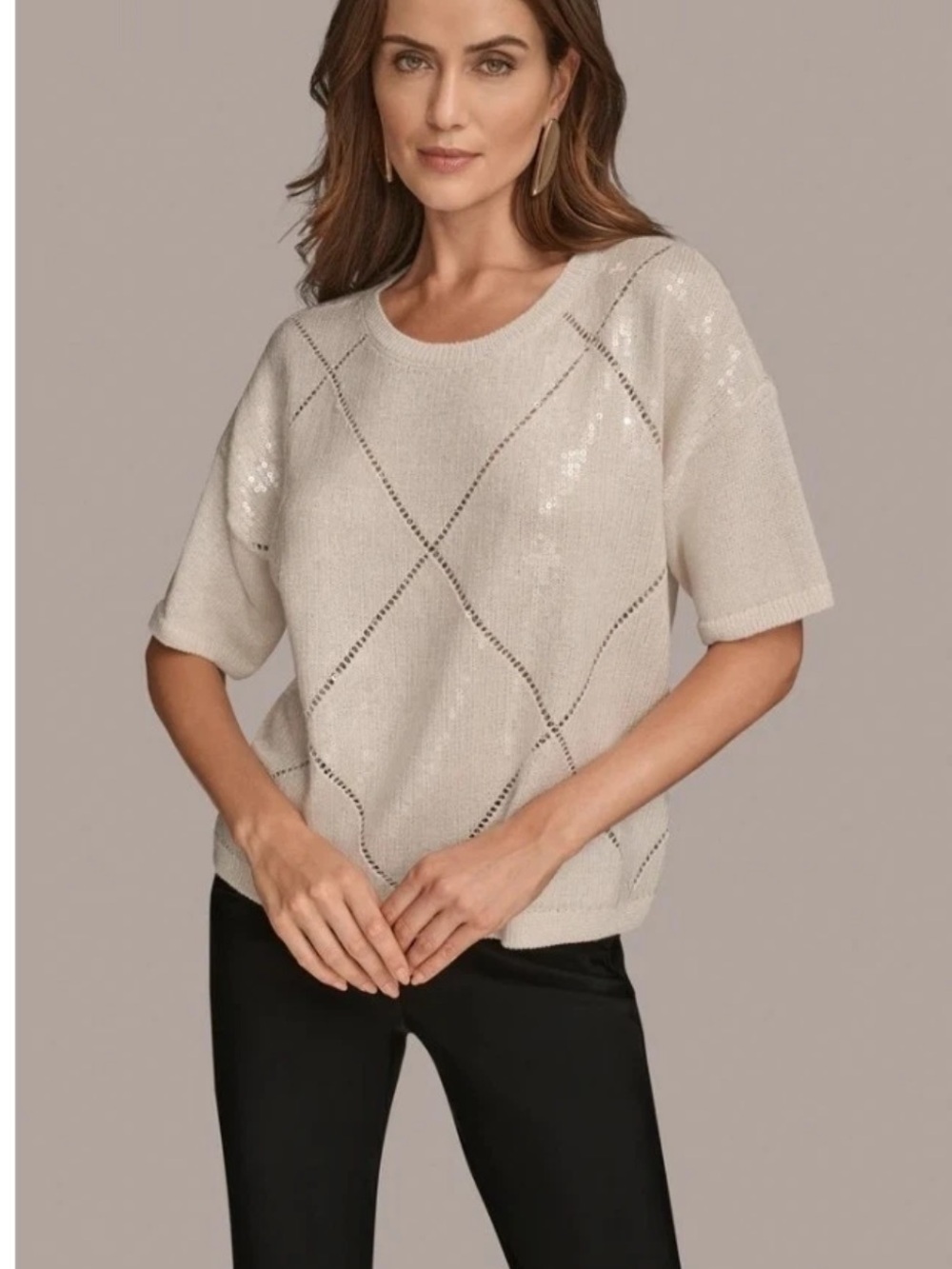 Donna Karan Cream Short-Sleeve Scoop Neck Sweater with Sequin Diamond Detail